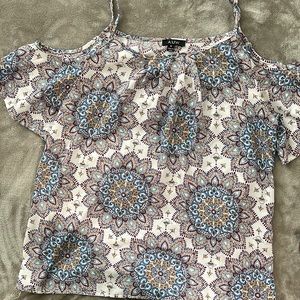 Floral Cold Shoulder Blouse Scoop Pleated Neckline